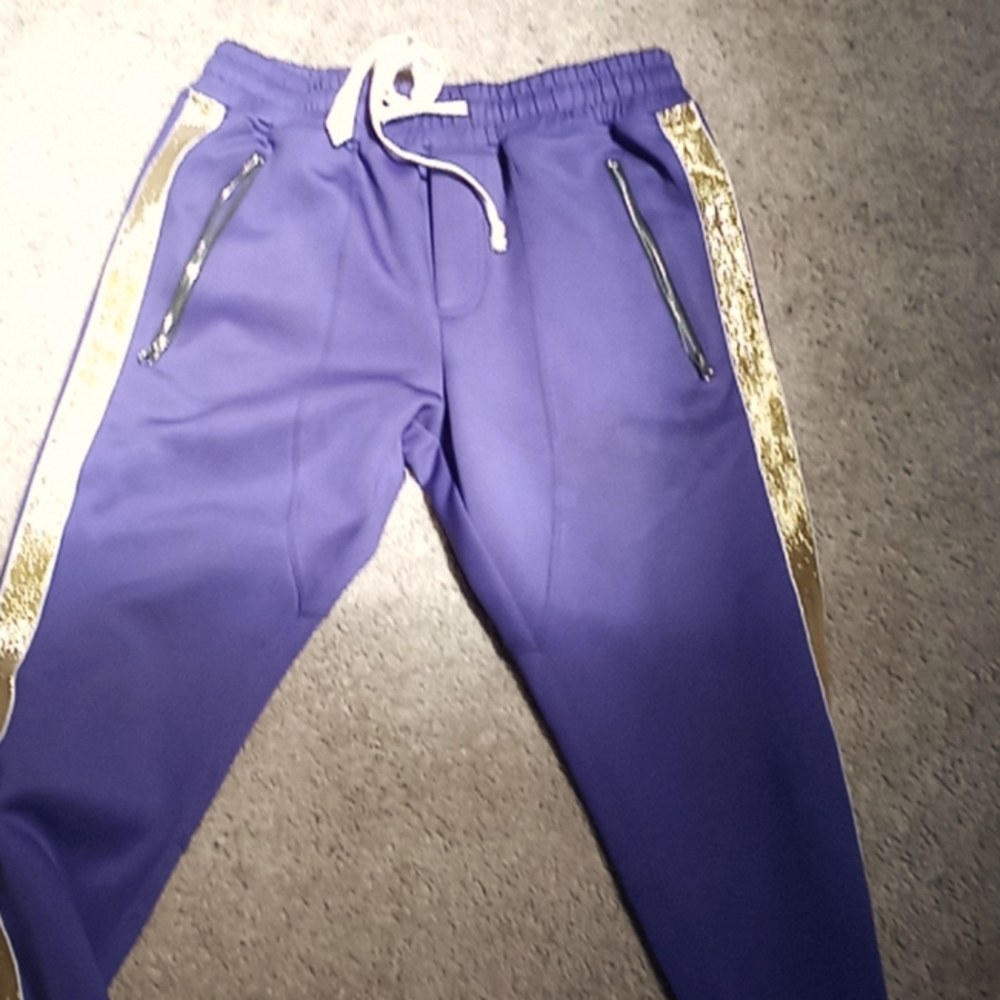 Purple and gold jogger pants